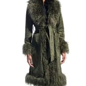 Azalea Wang Gilda Olive Faux Sherpa Collared Belted Trench Coat